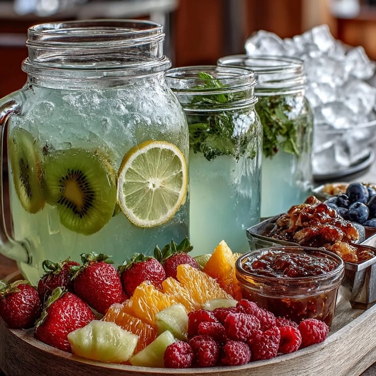Festive lemonade bar with assorted fresh fruits, syrups, and ice, perfect for summer gatherings and DIY drink mixing.