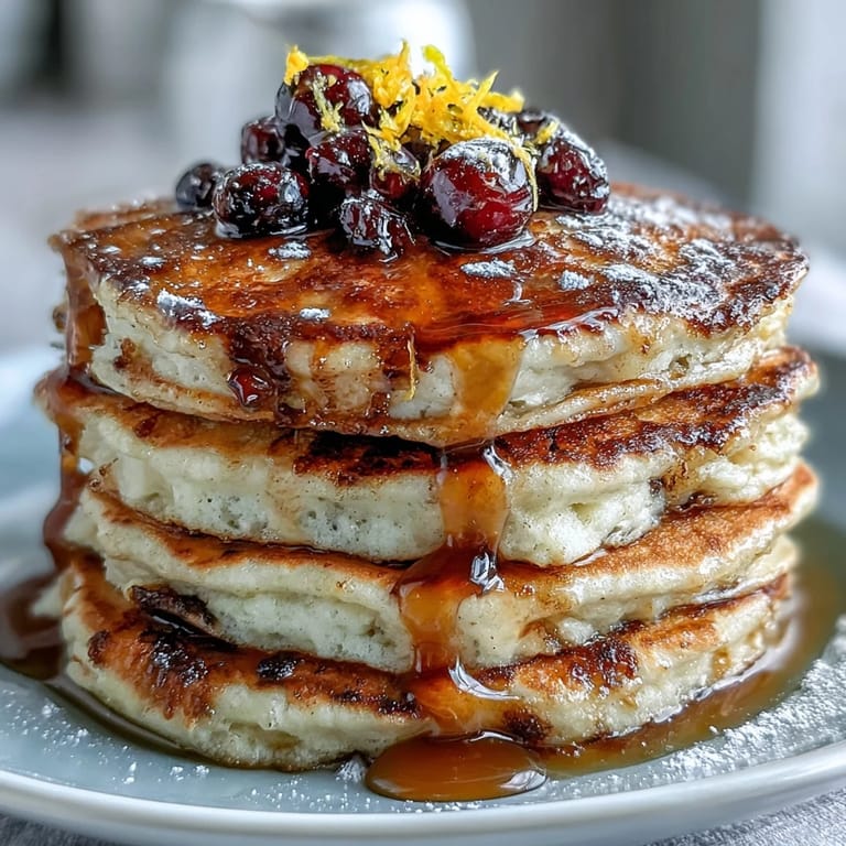 Fluffy lemon blueberry sourdough pancakes drizzled with maple syrup, showcasing golden edges and vibrant fruit toppings on a rustic plate.