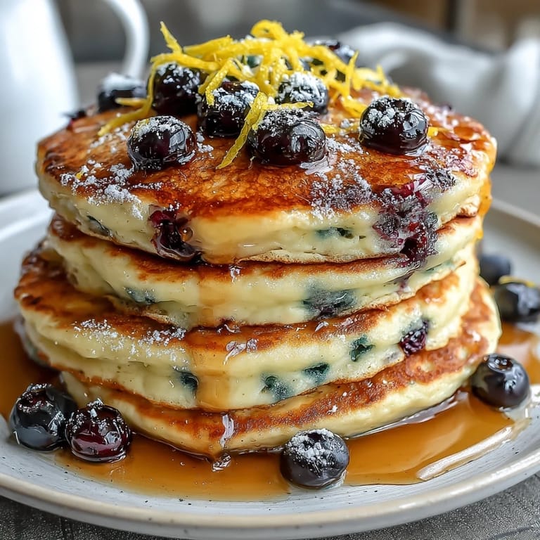 Tangy sourdough pancakes dotted with juicy blueberries and lemon zest, served warm with extra fruit and a dusting of powdered sugar.