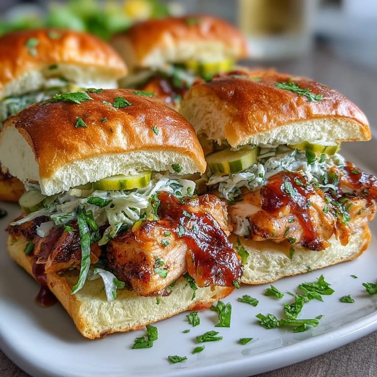 Tender shredded chicken in smoky barbecue sauce, nestled in slider buns and garnished with crisp coleslaw for a delicious handheld meal.