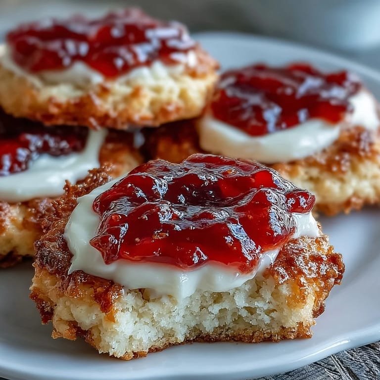 Classic British thumbprint cookies featuring a luscious clotted cream center topped with glossy strawberry jam.