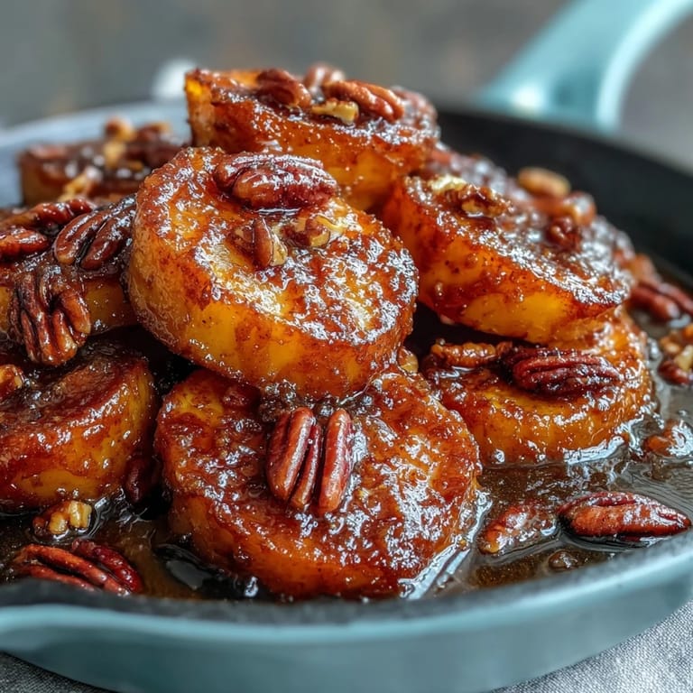 Warm, tender yams simmered in brown sugar butter sauce, finished with vanilla and cinnamon in a cast-iron skillet.