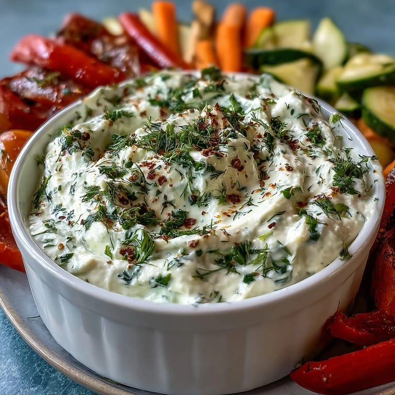 Whipped cottage cheese ranch dip, tangy and herb-infused, surrounded by fresh, vibrant vegetable crudités.