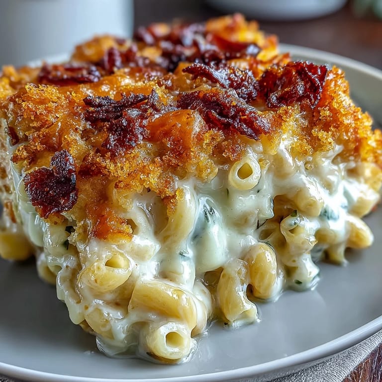 2. Rich and cheesy oven-baked mac and cheese, featuring layers of sharp cheddar and a crispy breadcrumb topping, perfect for potlucks.
