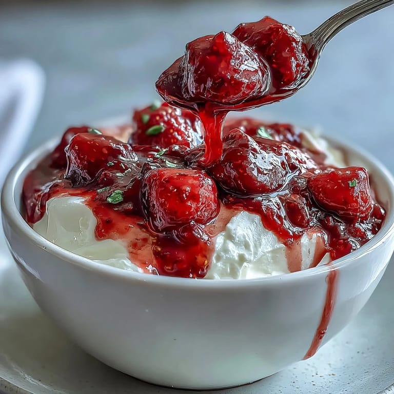 Sweet-tart strawberry compote adds a burst of flavor to smooth, tangy Greek yogurt dessert.  