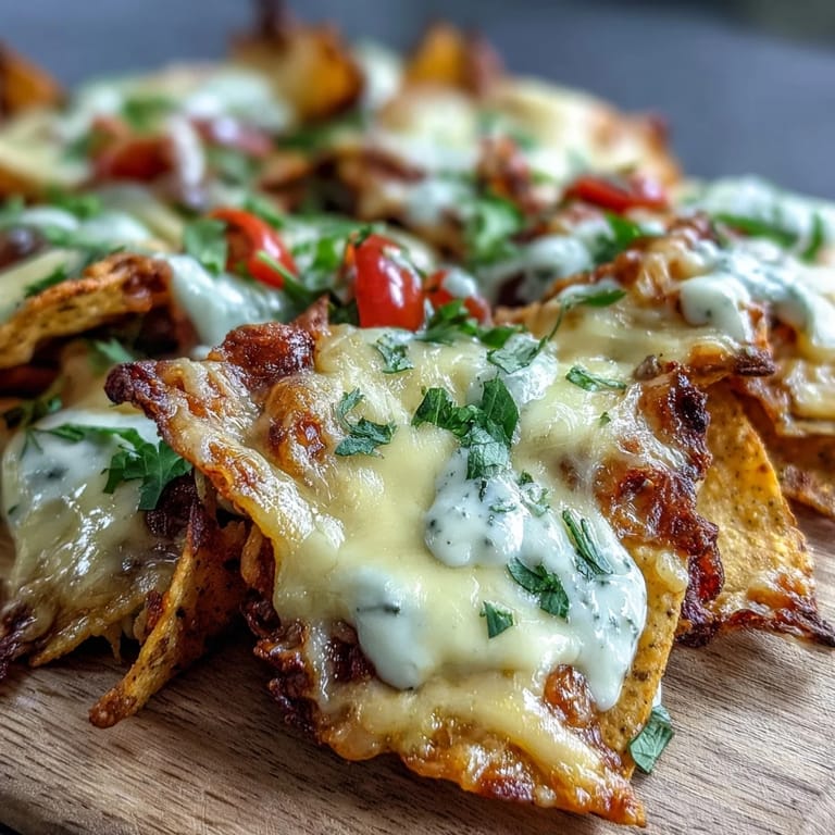 Golden tortilla chips layered with smooth melted cheddar and Monterey Jack cheese sauce, garnished with diced onion, cilantro, and a dollop of sour cream.