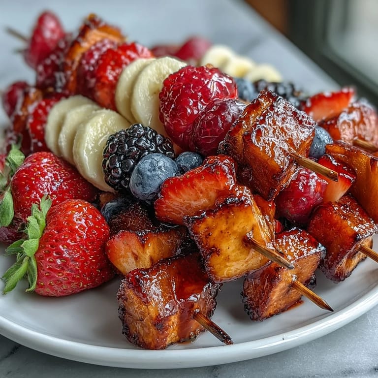 Colorful Fourth of July fruit skewers featuring juicy strawberries, sweet banana slices, and plump blueberries — a refreshing, healthy treat for parties.