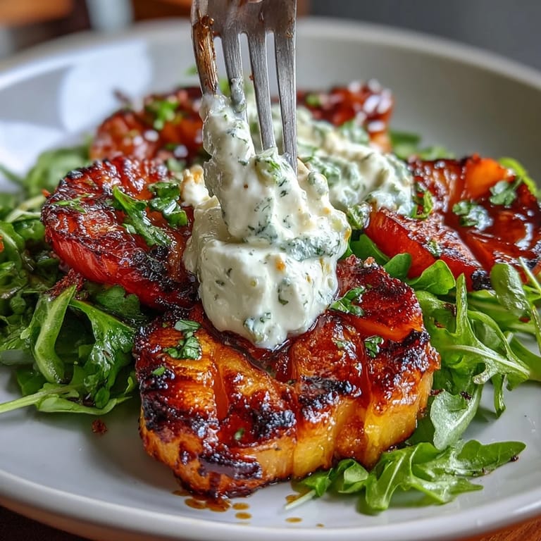 Sweet grilled peaches and rich burrata cheese shine atop fresh arugula with cherry tomatoes and red onion.  