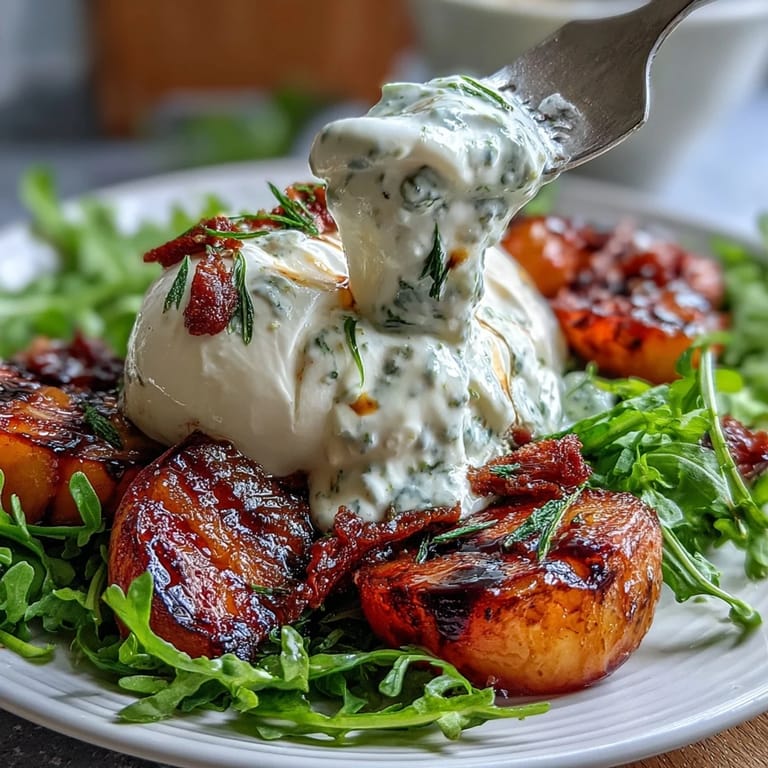Warm grilled peach slices and torn burrata rest on a bed of arugula, finished with balsamic glaze and basil.