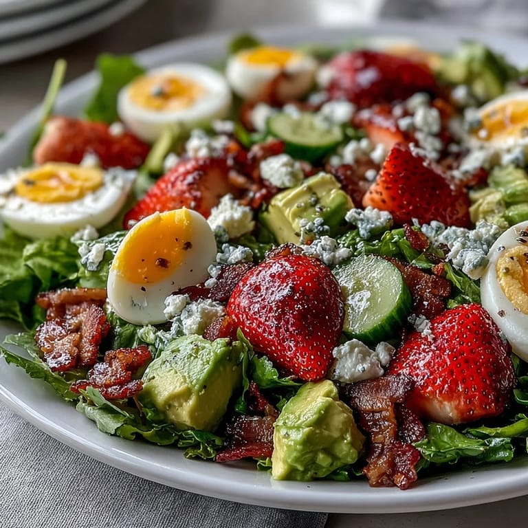 Vibrant Cobb salad featuring strawberries, avocado, and crisp vegetables, topped with hard-boiled eggs and feta for a fresh spring dish.