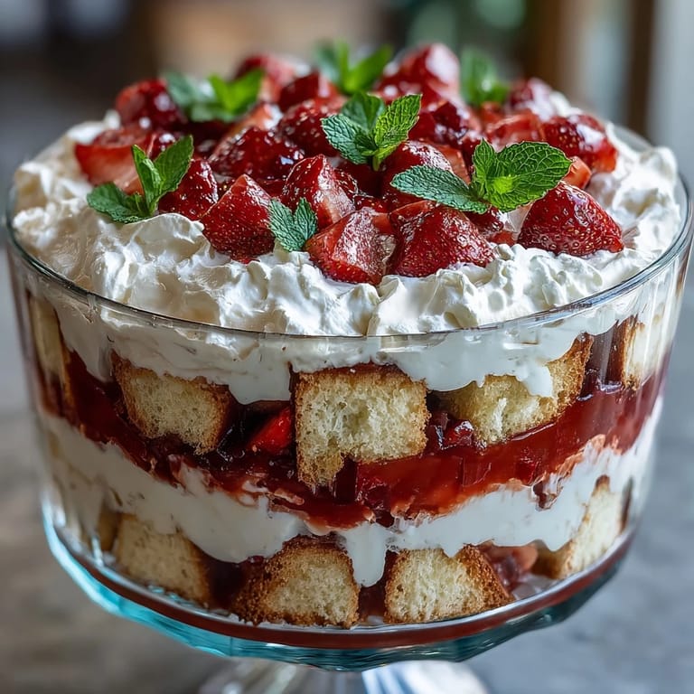 Elegant strawberry trifle with fluffy shortcake, juicy berries, and creamy layers in a glass dish for a festive treat.  
