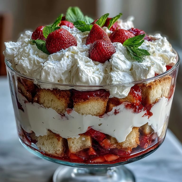 Classic strawberry shortcake trifle featuring golden shortcake, ripe strawberries, and rich whipped cream—ideal for spring celebrations.