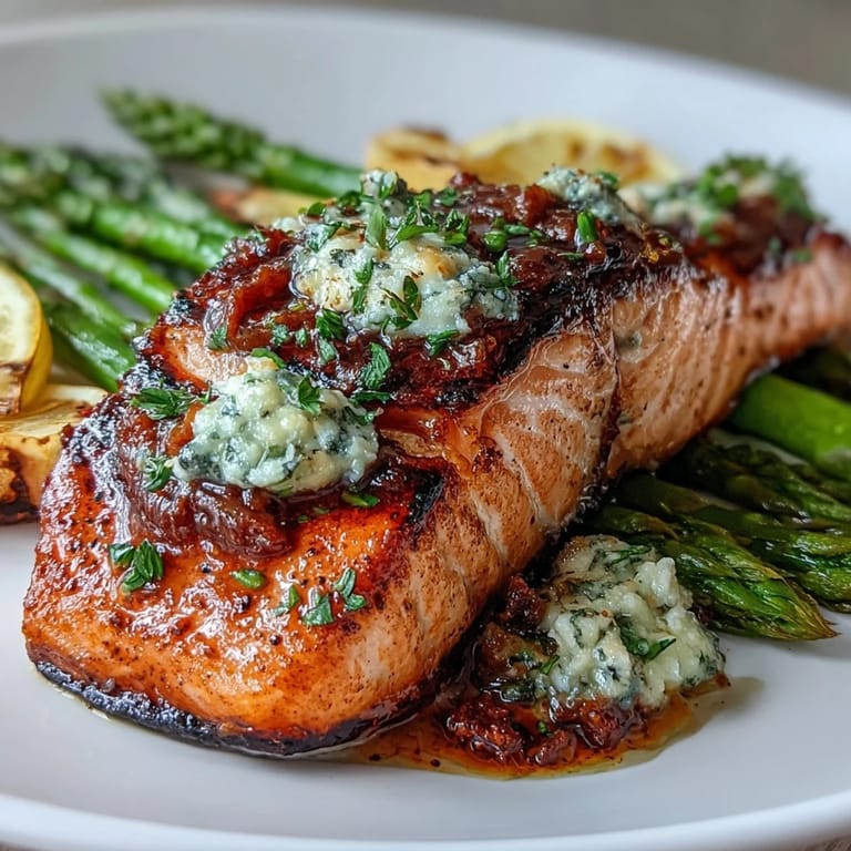 Fresh pan-seared salmon with crisp-tender asparagus, bathed in golden garlic butter and garnished with parsley for a vibrant, flavorful dish.