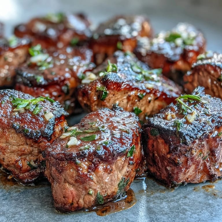 Juicy steak cubes seared to perfection with garlic butter and fresh herbs for a quick dinner.