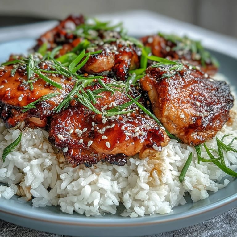 Savory chicken thighs slow-cooked in honey garlic sauce, served with fluffy rice for a comforting meal.