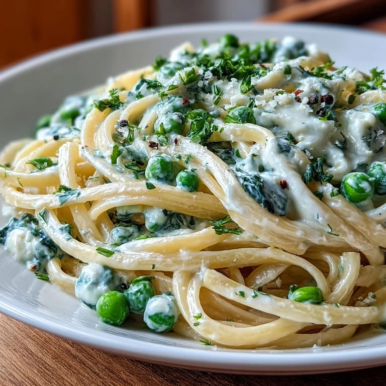 Spring-inspired linguine with ricotta, lemon, and peas, a creamy and zesty vegetarian pasta perfect for warmer days.