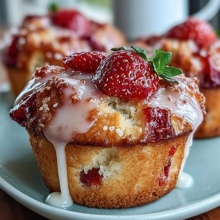 Golden muffins bursting with fresh strawberries and lemon zest, finished with a glossy lemon glaze for a perfect brunch pastry.