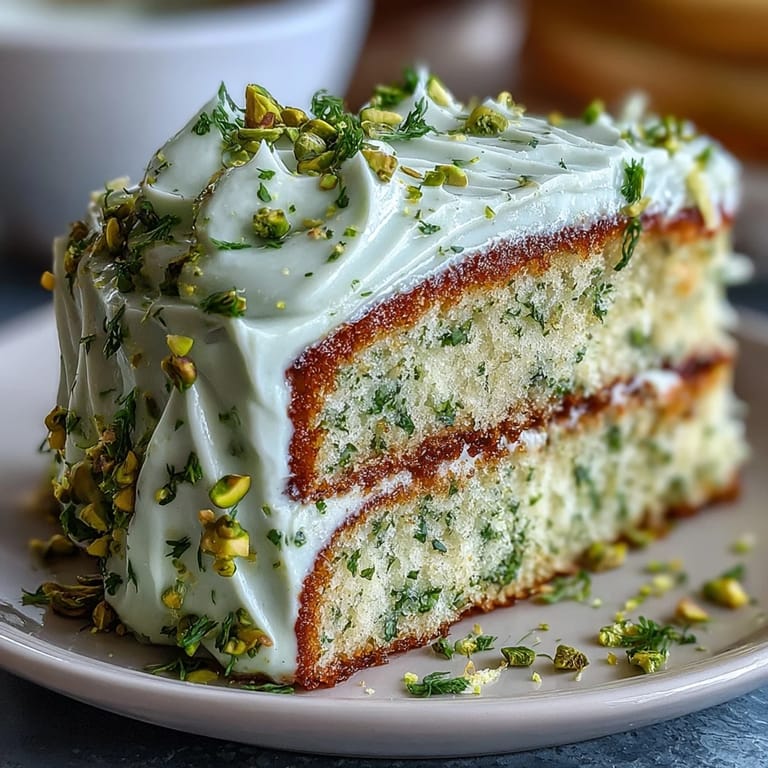Fluffy spring birthday lemon pistachio cake topped with chopped pistachios and lemon zest.
