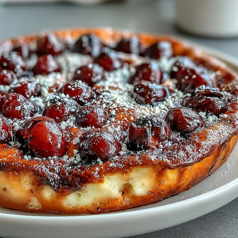 Juicy fresh cherries bake into a sweet, custardy French clafoutis delight.