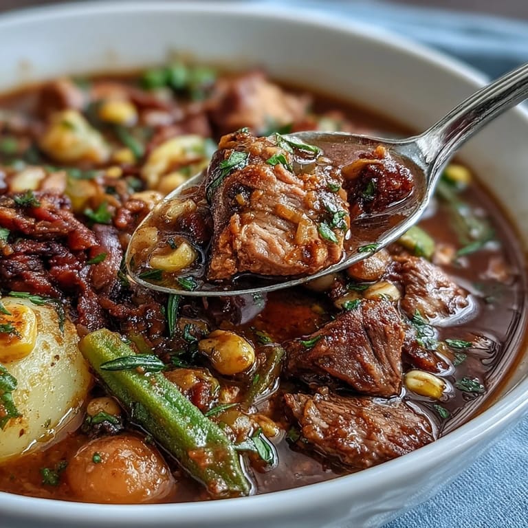 Thick, savory Kentucky Derby Burgoo Stew brimming with tender meats and vegetables.
