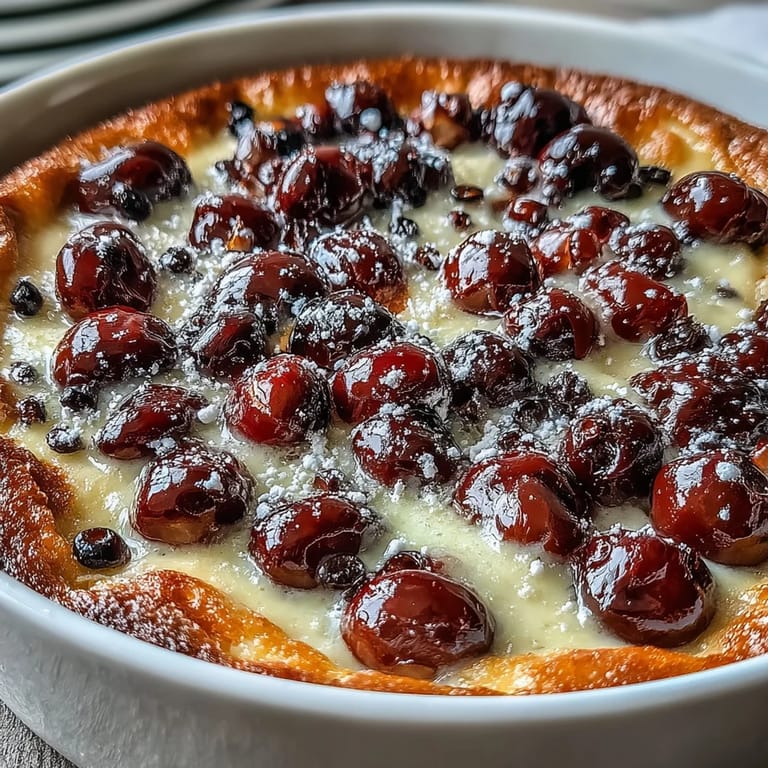 Golden-baked fresh cherry clafoutis dusted with powdered sugar, perfect for dessert.