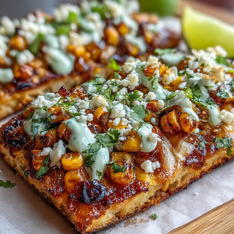Easy Cinco de Mayo Street Corn Flatbread drizzled with zesty jalapeño crema and cilantro.