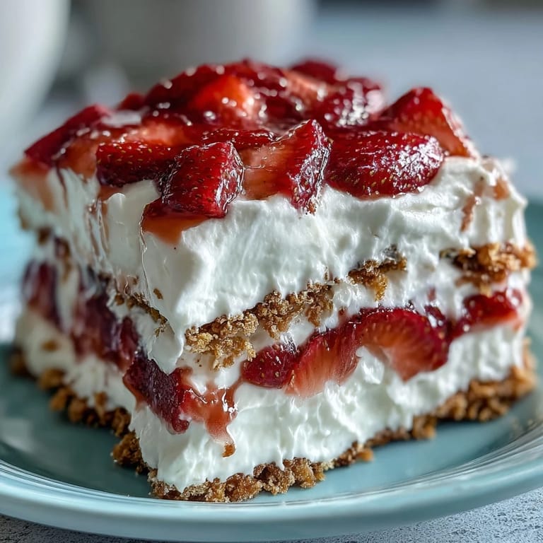 A festive icebox cake with rich cream, graham crackers, and bright strawberries.