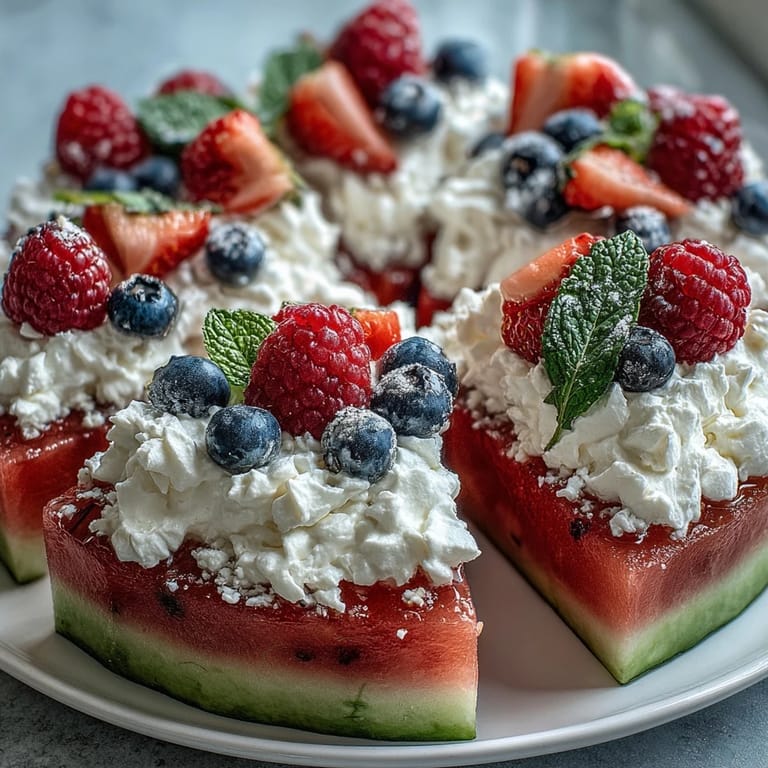 Refreshing watermelon pizza, a summer's dream adorned with fresh berries and creamy topping.