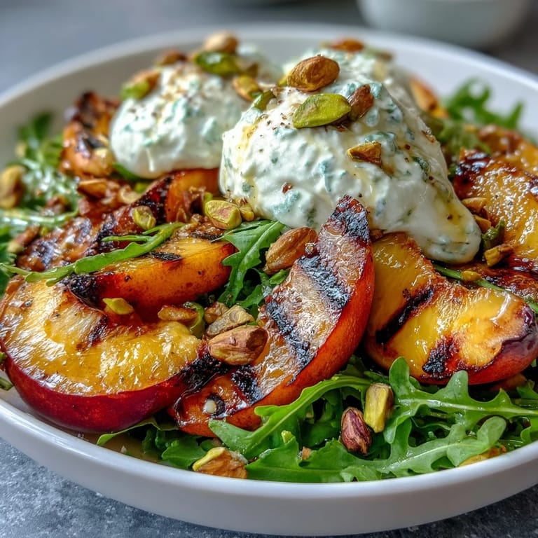 Vibrant summer salad: juicy grilled peaches, creamy burrata, and fresh basil.