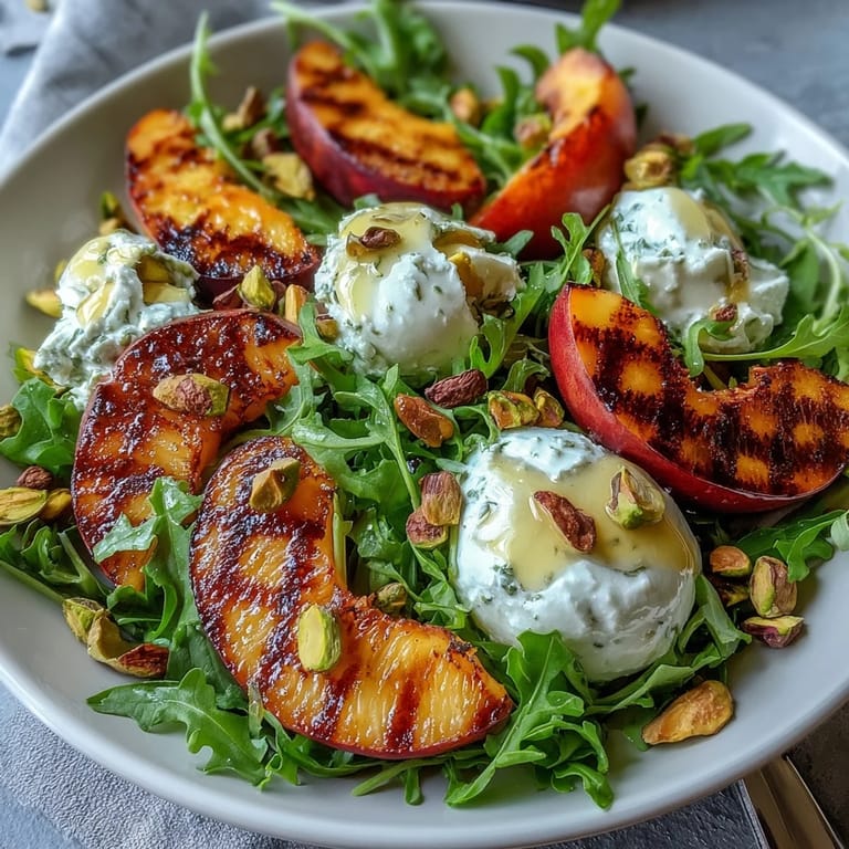 Enjoy this easy grilled peach burrata salad with crunchy nuts and sweet honey.