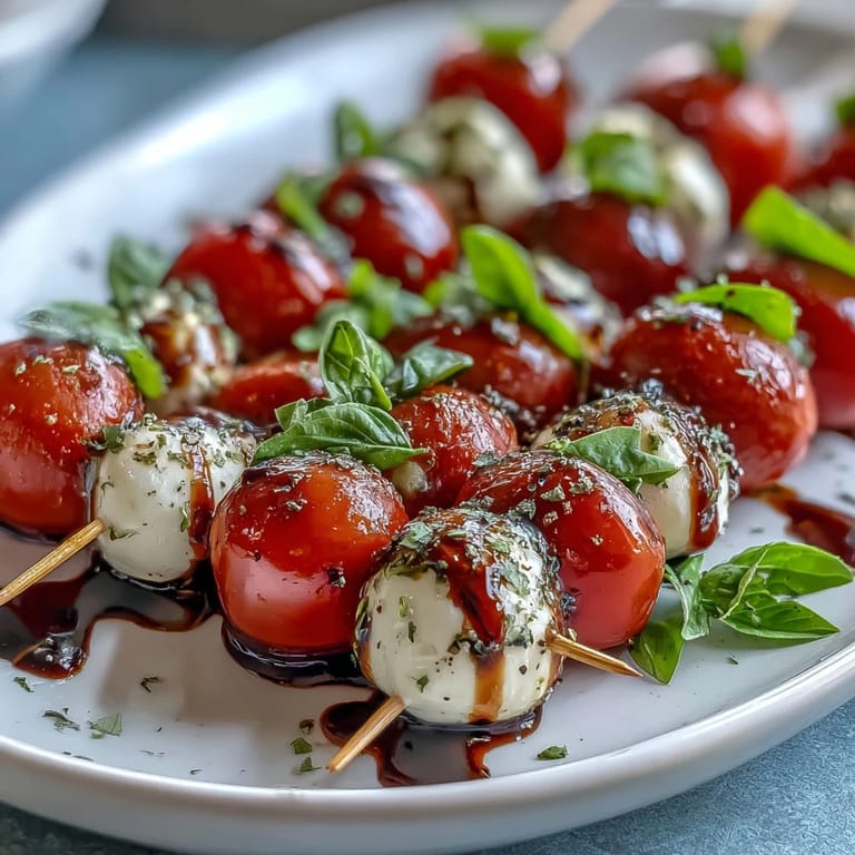 Colorful Mini Caprese skewers ready to serve: a refreshing Italian appetizer, perfectly dressed.