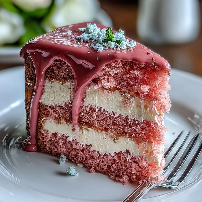 Decadent Rosé Velvet Cake glistening with tasteful gold accents.