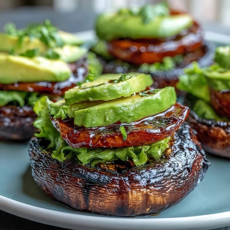 Hearty grilled portobello mushroom burgers loaded with creamy avocado and veggies.