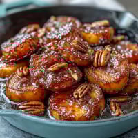Soul Food Candied Yams Skillet with Brown Sugar, glazed in rich buttery syrup, topped with chopped pecans.