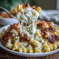 1. Creamy Southern baked macaroni and cheese with a golden cheddar crust, bubbling hot and ready for a comforting family meal.