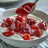 Fresh strawberry compote drizzled over creamy Greek yogurt in a vibrant breakfast bowl.  
