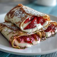 Layered strawberry crepe cake with fresh berries and vanilla cream filling on a white plate.