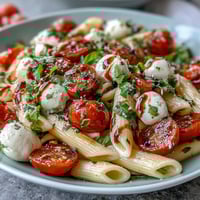 Caprese pasta salad with fresh tomatoes, mozzarella, and basil, perfect for summer gatherings or light lunches.