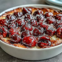 Fresh cherry clafoutis, a rustic French dessert bubbling with sweet fruit.