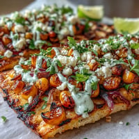 Charred corn and cotija cheese top this festive Cinco de Mayo Street Corn Flatbread.