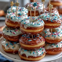 A vibrant Graduation Party Donut Tower sparkles with colorful sprinkles as a festive dessert.