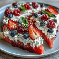 Festive 4th of July Watermelon Pizza artfully arranged with berries and whipped cream.