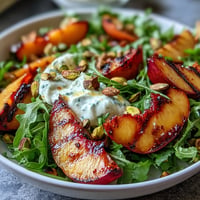 Grilled peach and burrata salad, creamy cheese and fruit drizzled with honey.