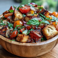 Vibrant Summer Panzanella salad with grilled bread, juicy tomatoes, and fresh basil.